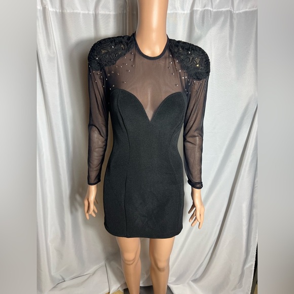 Tadashi Black Mesh Long Sleeve Mini Dress Beaded Shoulder Size M Made in USA - Picture 1 of 9